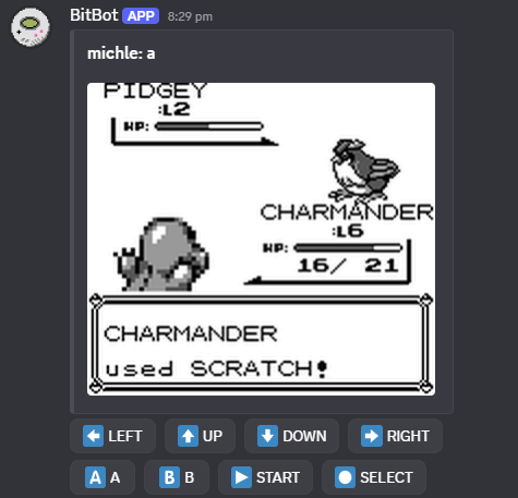 BitBot running a shared handheld game in a Discord channel with controller buttons below the game