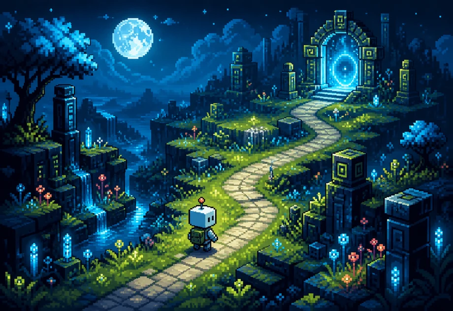 An original pixel-art fantasy world with a tiny robot explorer